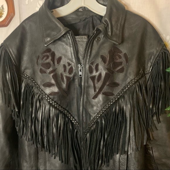 Vintage 80s black leather fringe biker jacket rose patchwork braided accents - Picture 8 of 11